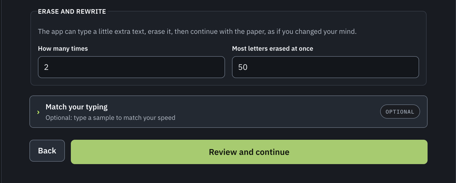 Erase and rewrite settings, the optional Match your typing section, and the Review and continue button.