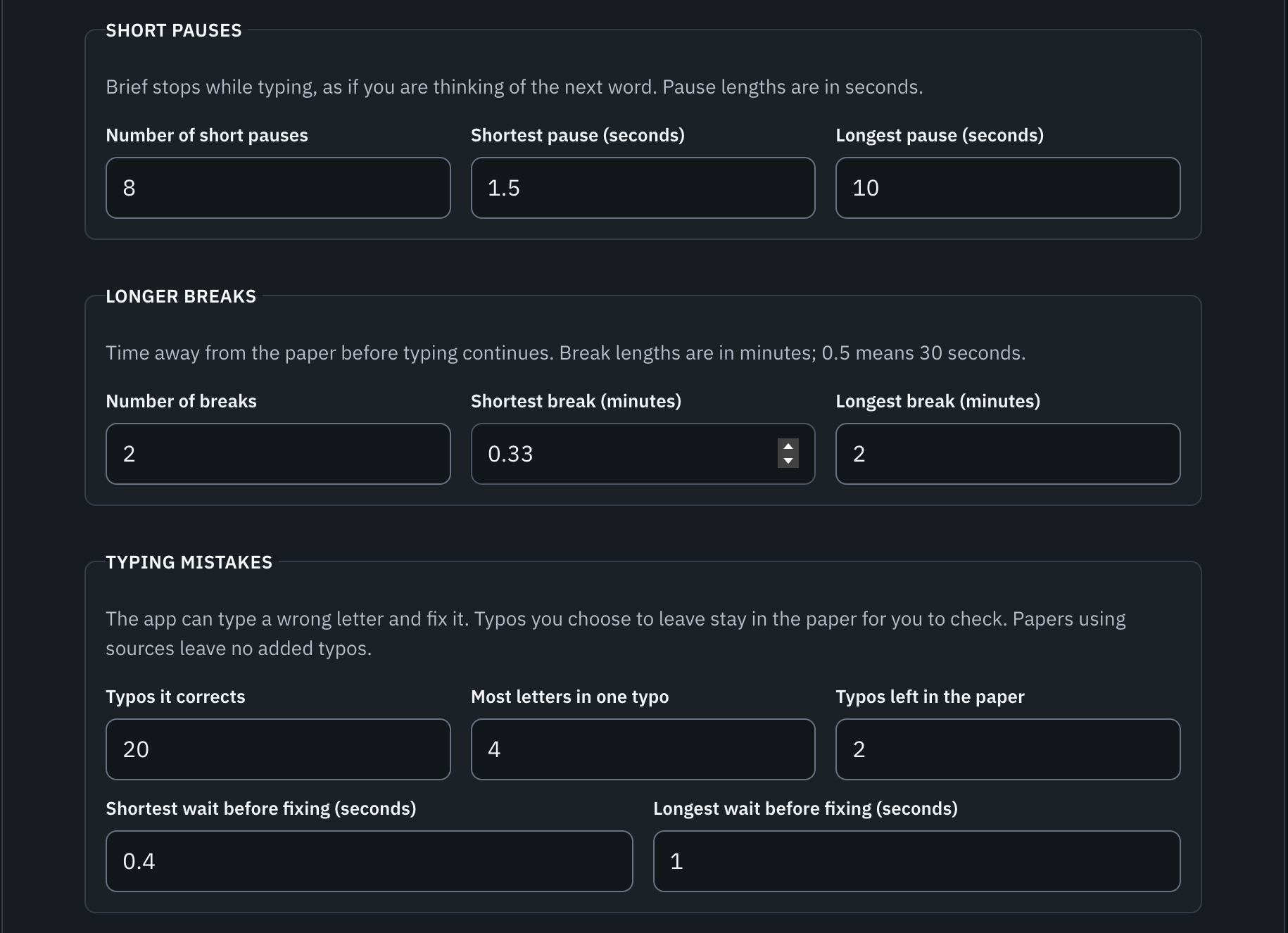 Detailed controls for short pauses in seconds, longer breaks in minutes, corrected typos, and typos left in the paper.