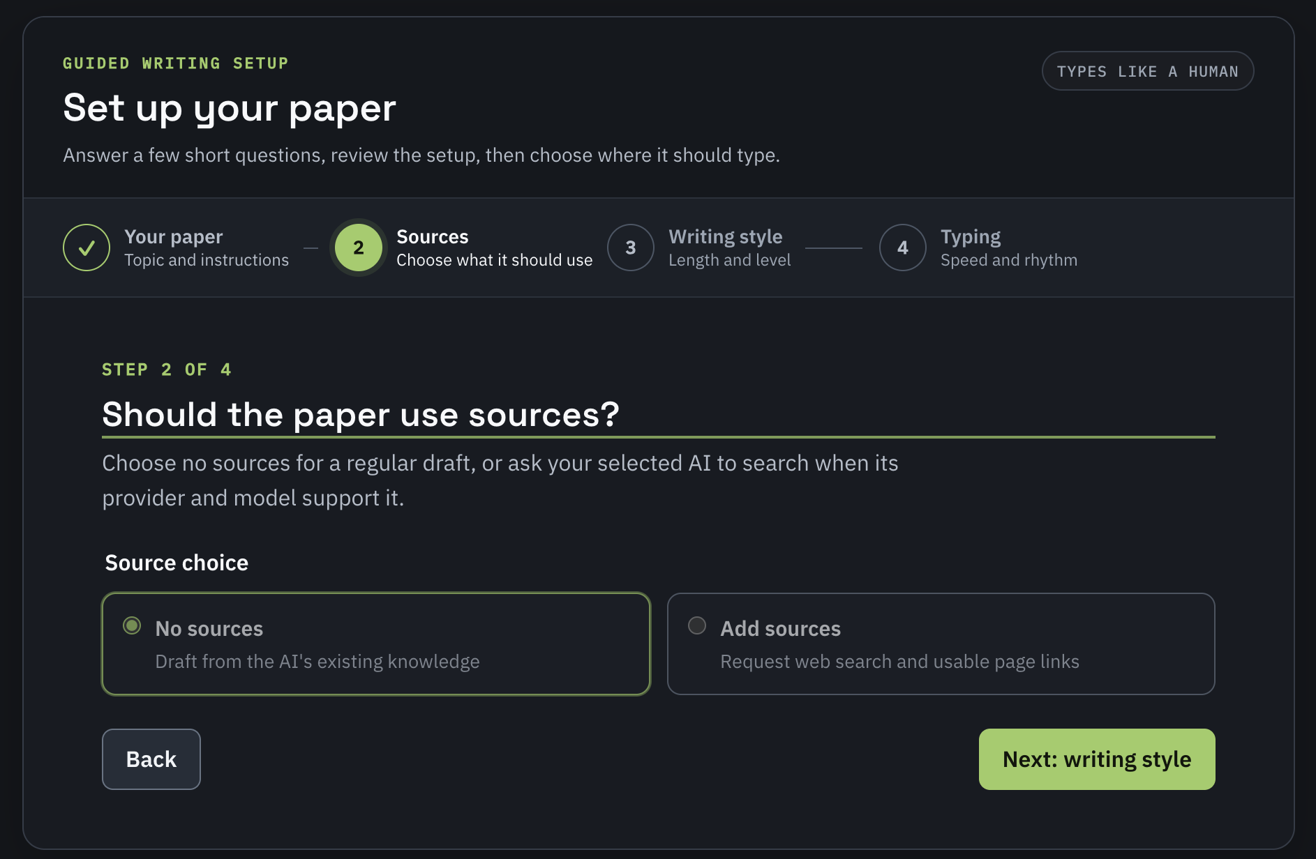 Sources setup with No sources selected and Add sources available as the other option.
