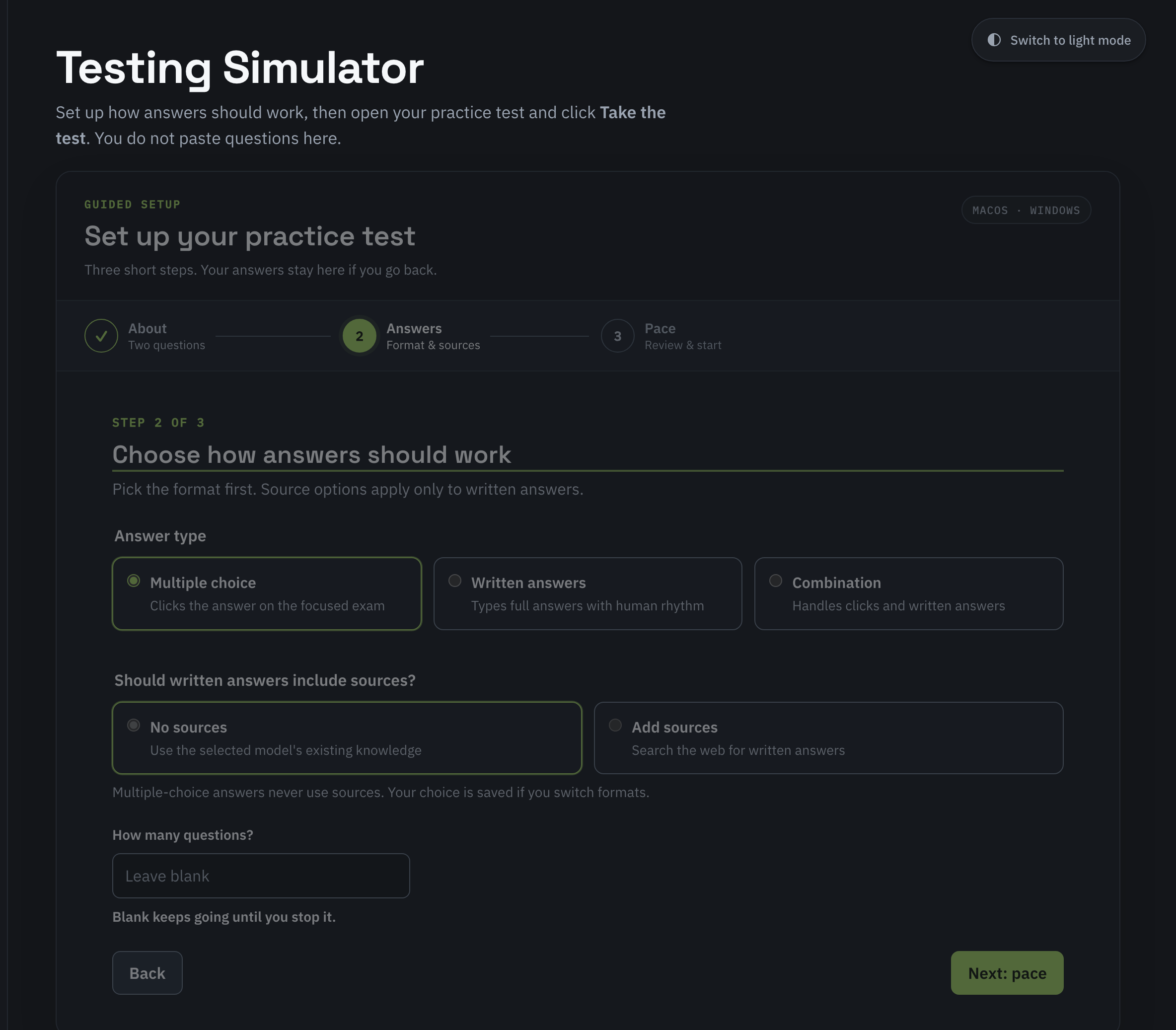 Testing Simulator answer setup with Multiple choice selected, No sources selected, and a blank question count.