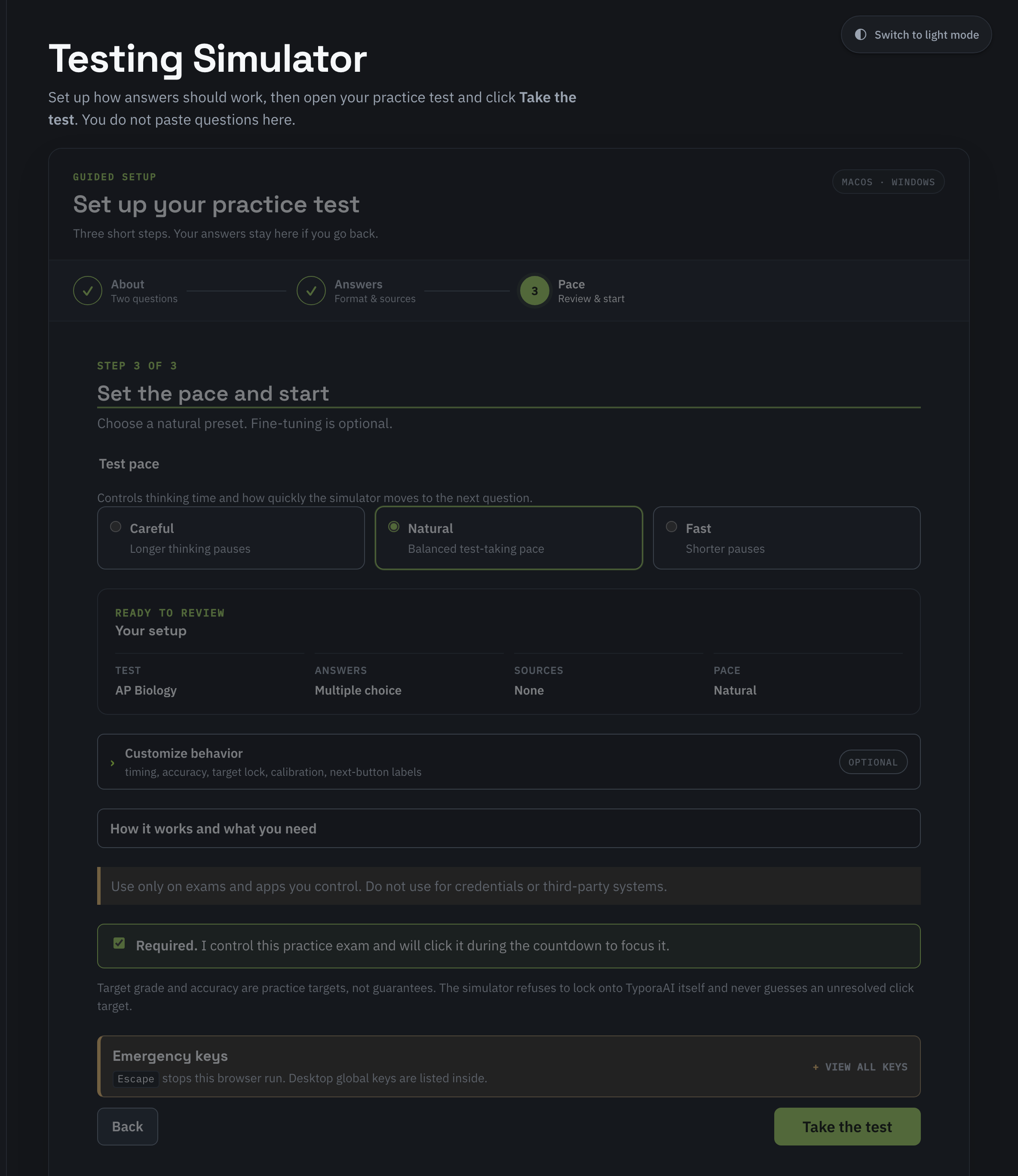 Testing Simulator pace screen with Natural selected, the setup review, the required confirmation, and the Take the test button.