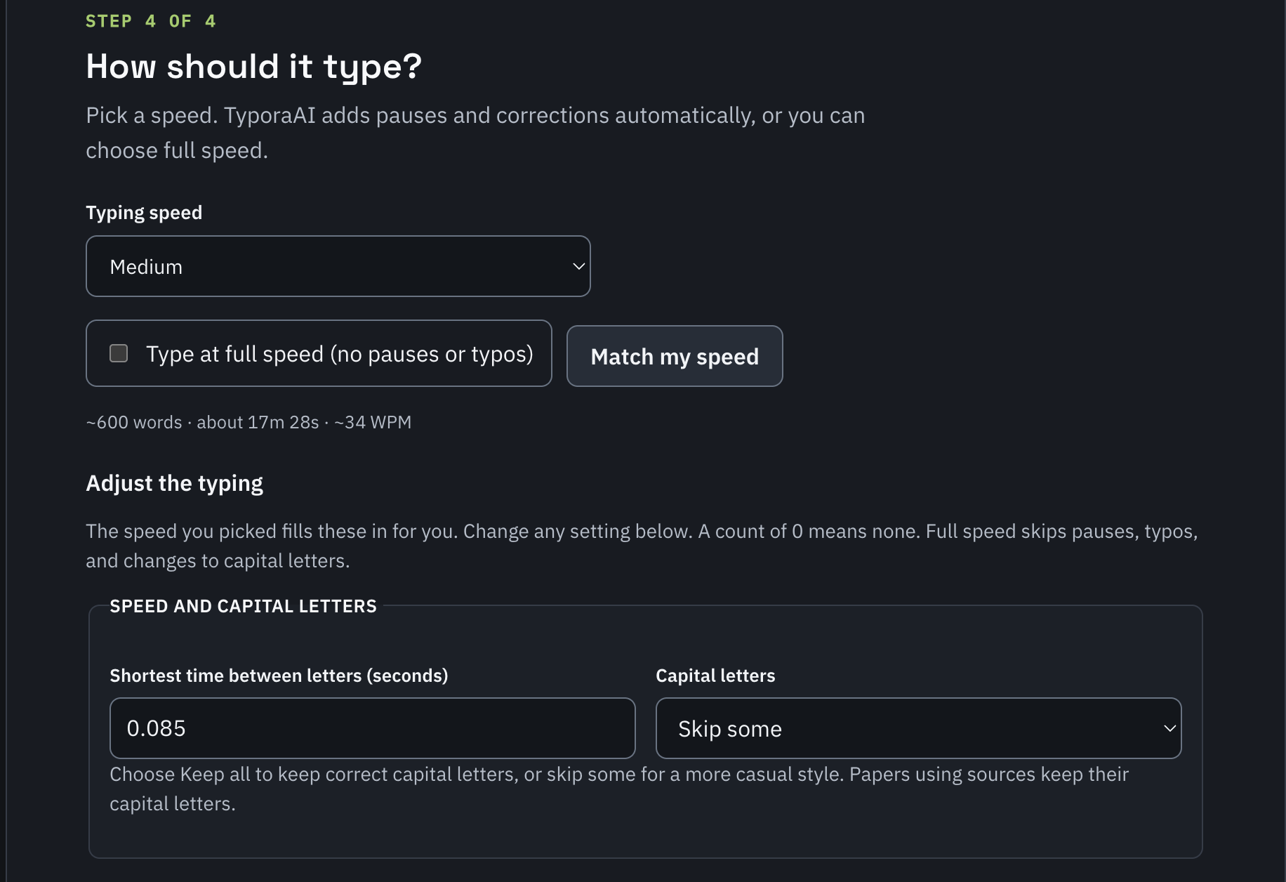 Typing setup with Medium speed, a full-speed option, Match my speed, a time estimate, and capital-letter settings.