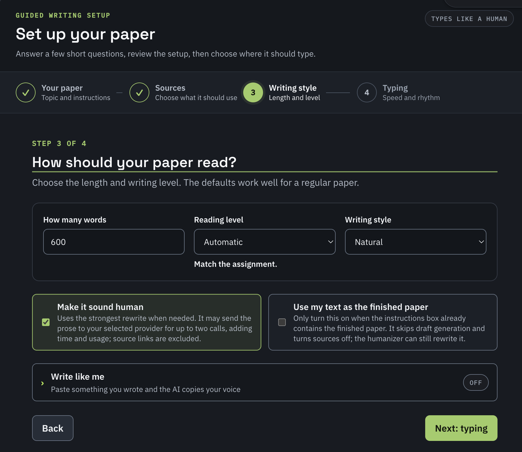Writing style setup with word count, reading level, writing style, humanizer, finished-paper, and Write like me controls.